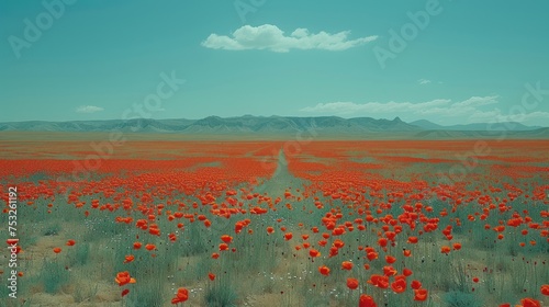 a field full of red flowers under a blue sky with a mountain range in the background of the photo. photo