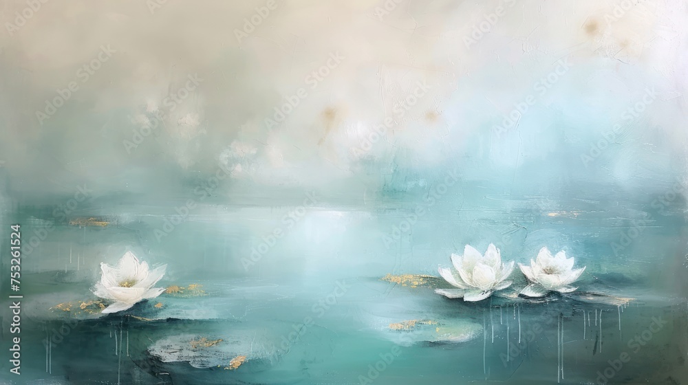 a painting of white water lilies floating in a pond with water lilies in the foreground and a gray sky in the background.
