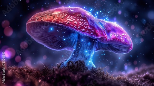 a close up of a mushroom on a field of grass with a lot of stars in the sky behind it.