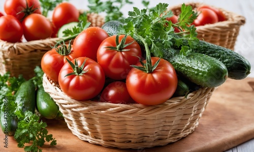 Cucumbers, tomatoes and parsley in a basket on a wooden table