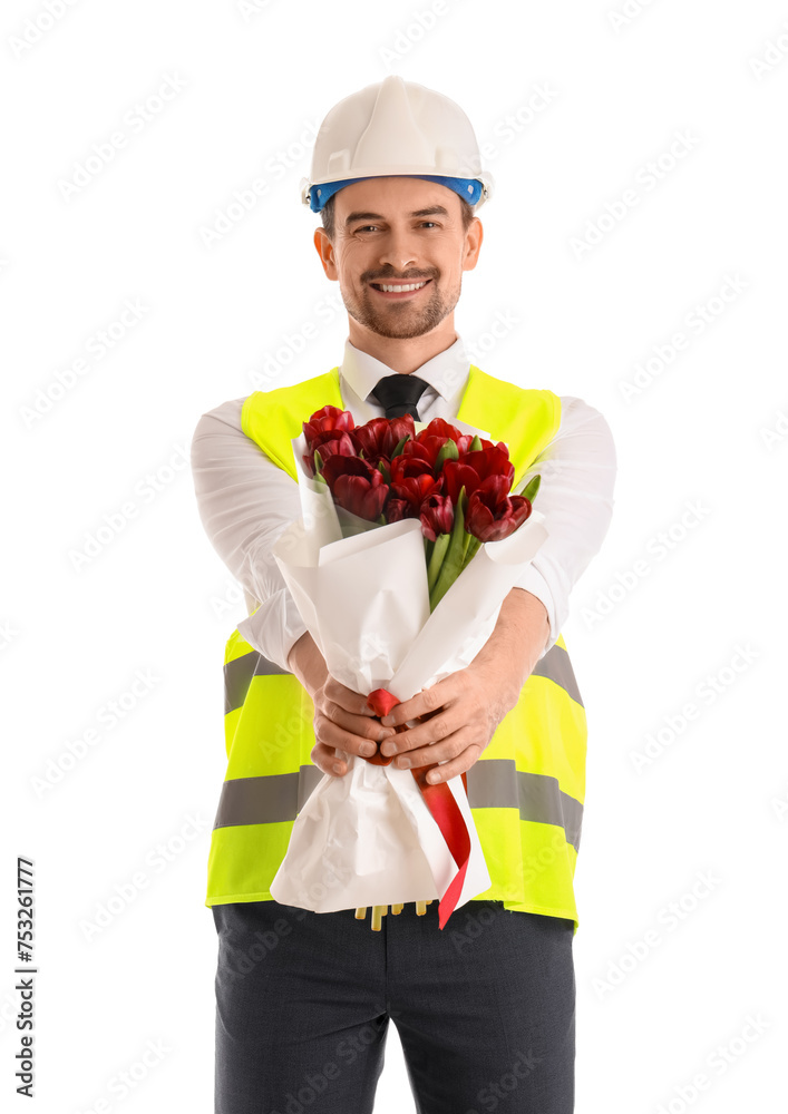 Happy young male architect with bouquet of flowers isolated on white background. International Women's Day Happy young male architect with bouquet of flowers isolated on white background. International Women's Day