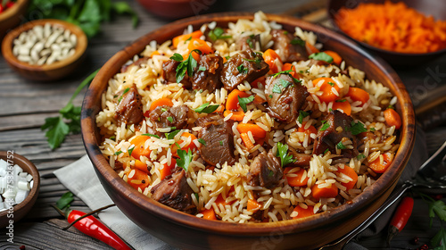 plov dish with flavorful rice, tender meat, and carrots