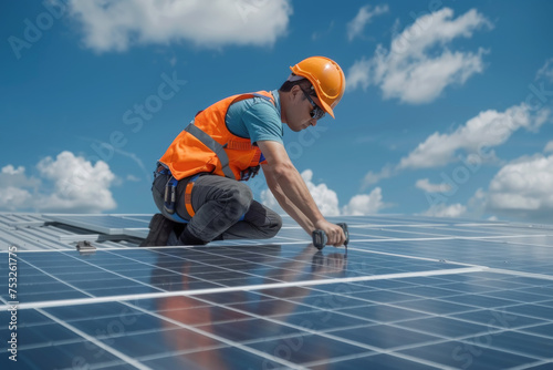 Trabajador sobre tejado montando paneles solares, vistiendo equipo de seguridad, sobre fondo de cielo azul con nubes blancas