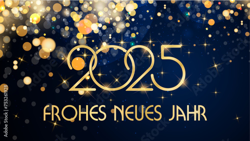 Karte oder Banner, um ein frohes neues Jahr 2025 in Gold auf blauem Hintergrund mit goldfarbenen Kreisen und Glitzer im Bokeh-Effekt oben links zu wünschen