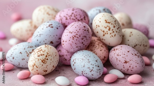 a pile of speckled eggs sitting on top of a pile of pink, white and blue speckled eggs.