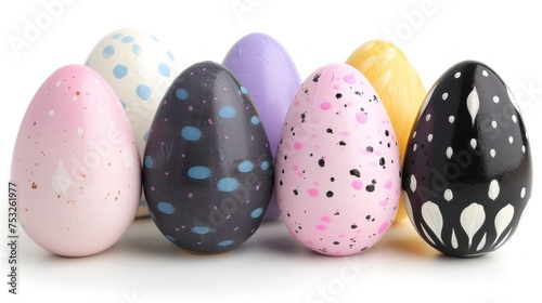 a group of painted eggs sitting next to each other on a white surface with a black dot pattern on one of the eggs. photo
