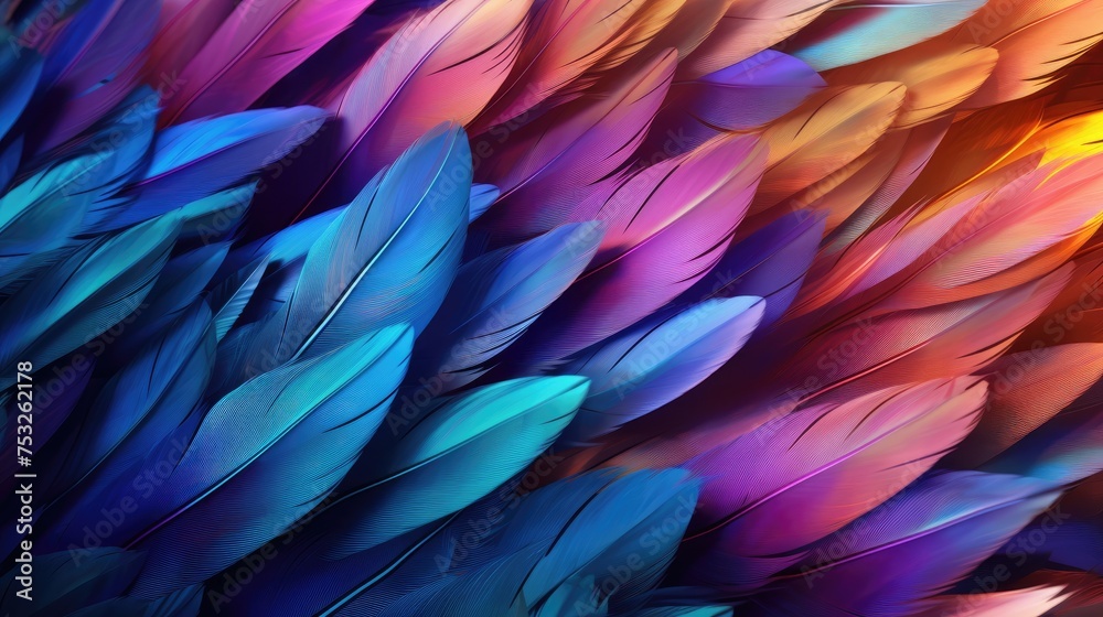 Bright colorful pattern, texture of colored feathers. A beautiful abstraction of colorful feathers.
