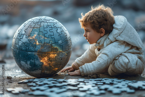 A little boy, imagines himself to be an astronaut and explores a globe made from puzzle pieces. In a different way, the unique world of the child is visible.  World Autism Awareness Day concept. photo