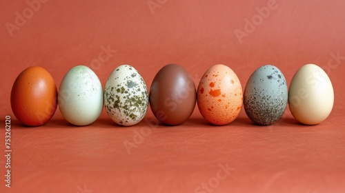 a row of different colored eggs sitting on top of a red surface with one egg in the middle of the row.