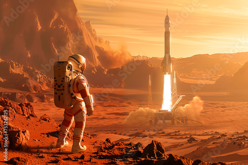 Astronaut observing the rocket takes off on alien planed 