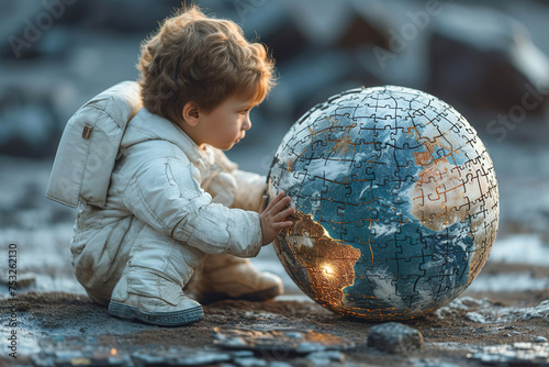 A little boy, imagines himself to be an astronaut and explores a globe made from puzzle pieces. In a different way, the unique world of the child is visible.  World Autism Awareness Day concept. photo