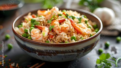 A delicious dish of Arroz a la valenciana, featuring fried rice with shrimp, peas, and other ingredients, served on a table