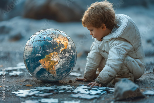 A little boy, imagines himself to be an astronaut and explores a globe made from puzzle pieces. In a different way, the unique world of the child is visible. World Autism Awareness Day concept.