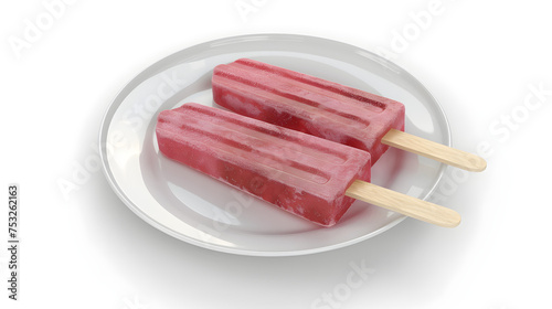 Two strawberry popsicles on white plate