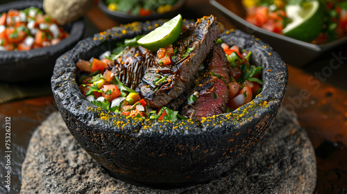 Authentic mexican carne asada in molcajete photo