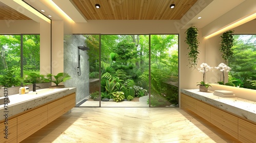 a bathroom with two sinks, a shower, and a large window with a view of a lush green forest.
