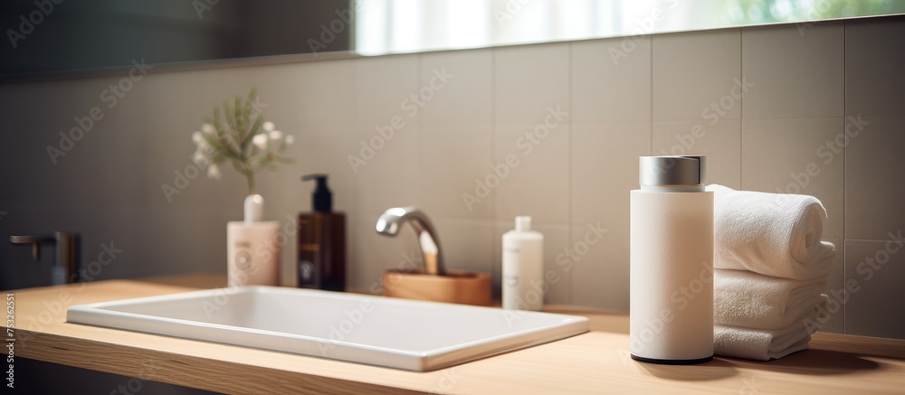 Soap bottle and paper towel roll in a modern bathroom setting to prevent bacterial infections Soap bottle and paper towel roll in a modern bathroom setting to prevent bacterial infections