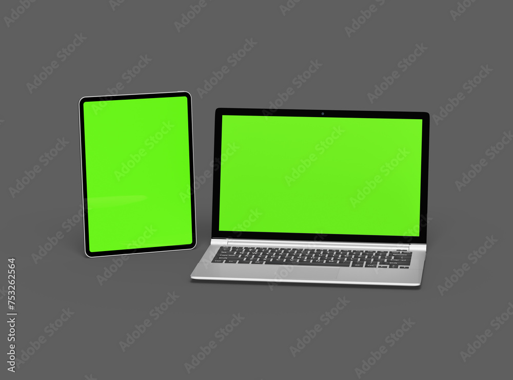 3d render of laptop and tablet with green screen on a dark background 3d render of laptop and tablet with green screen on a dark background