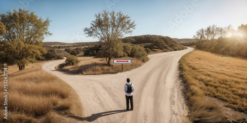 Man stands at crossroads of two roads, choice of direction in life, doubts and decisions, Textured surface of grass and trees, Film grain effect