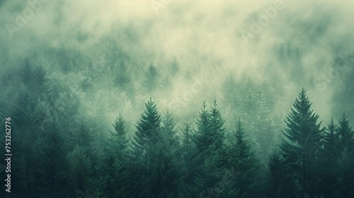 Misty Landscape with Fir Forest in Vintage Retro Style, GENERATIVE AI