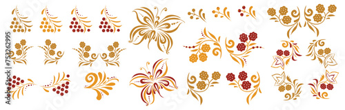 A set of several elements of patterns or ornaments in the Old Russian style. Traditional, folk motif. Vector twigs, berries, flowers, leaves and butterfly.