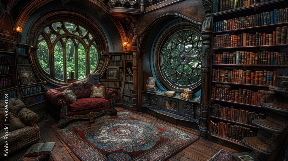 a room filled with lots of books and a red chair sitting in front of a window filled with lots of books.