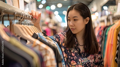 Asian Woman Examining Clothes and Price Tags While Shopping at Clothing Store: Consumer Behavior Scene photo