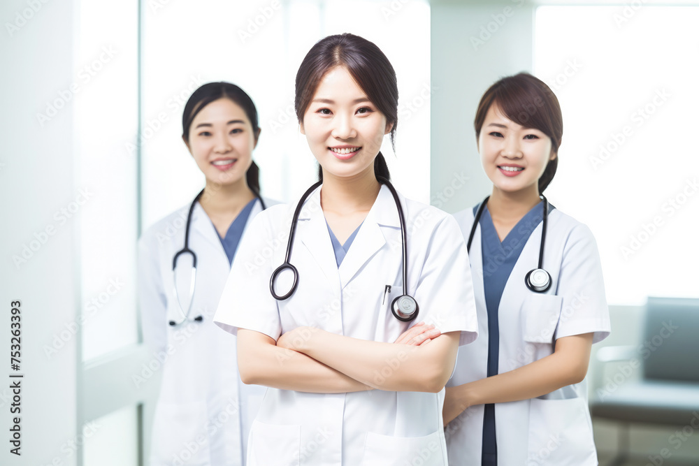 Three smiling female doctors with stethoscopes in a bright clinic. Three smiling female doctors with stethoscopes in a bright clinic.