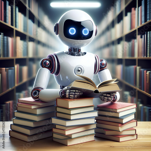 android artificial intelligence reading many books isolated on blurred library background