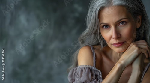 Studio portrait of a mature woman in her 60's with long grey hair and beautiful skin. Skin care and cosmetics. Aging gracefully and in good health. Copy space.