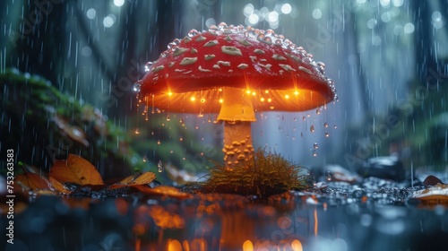 a red mushroom sitting on top of a puddle of water next to a forest filled with green grass and trees.