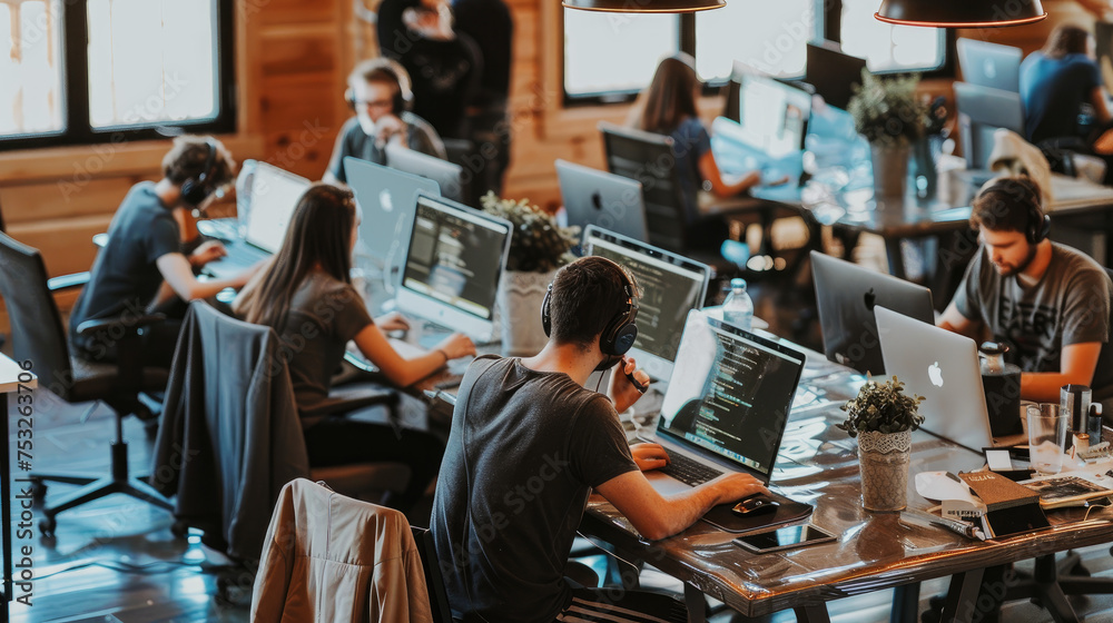 people working in an modern office with computers people working in an modern office with computers