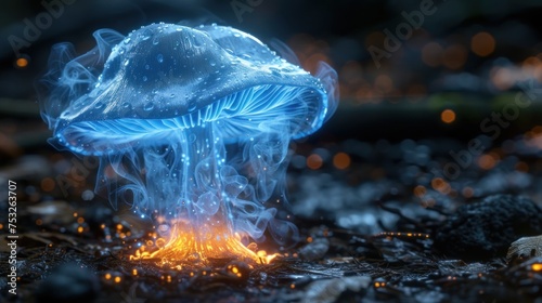 a close up of a jellyfish on the ground with a fire in the middle of the ground next to it.