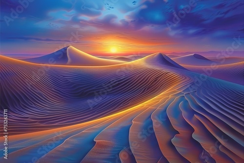 Wave send dune. Captivating digital art of swirling sand dunes in a desert, bathed in golden light—ideal for thematic wall art or background.