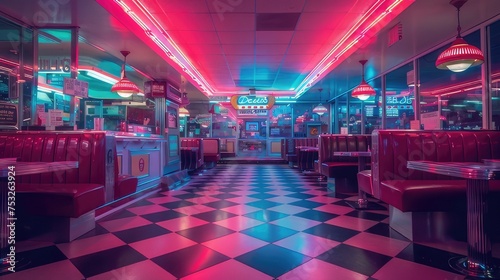 Retro 1950s Diner Interior with Neon Lights and Checkered Floors, Nostalgic Vintage Atmosphere