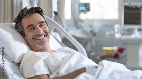 Satisfied Male Patient Smiling Comfortably on Modern Hospital Bed: Healthcare Satisfaction Concept photo