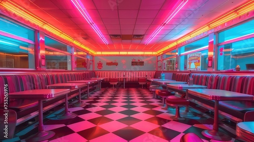 Retro 1950s Diner Interior with Neon Lights and Checkered Floors, Nostalgic Vintage Atmosphere