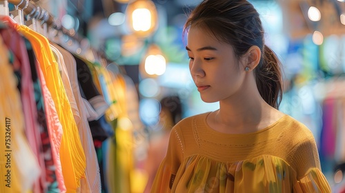 Asian Woman Examining Clothes and Price Tags While Shopping at Clothing Store: Consumer Behavior Scene
