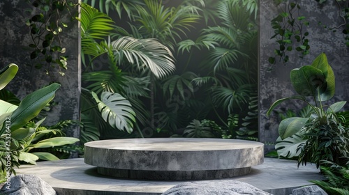 Cosmetics product advertising podium stand with tropical jungle leaves background. Empty gray stone pedestal platform to display beauty product.