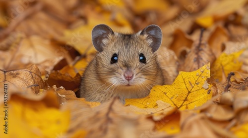 a close up of a small rodent in a pile of leaves with a blue eyed look on its face.