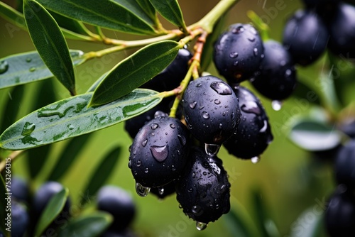 Ripe black olives on the tree with green leaves and water drops, close up view.