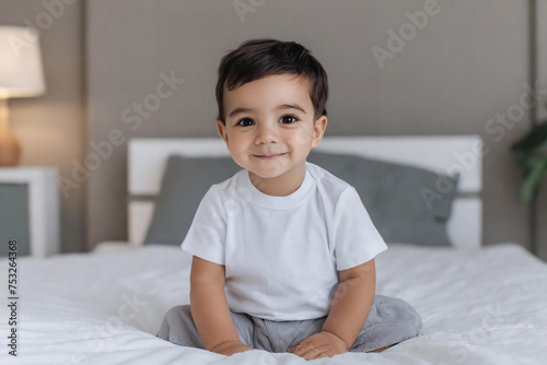 bambino piccolo su letto sorridente  photo