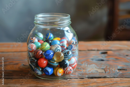 A glass jar full of colorful marbles on an old wooden table.