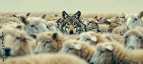 A wolf hiding among a flock of sheep, leading the way or waiting for the right moment to act photo