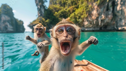 Monkeys on the boat in the sea © Олег Фадеев