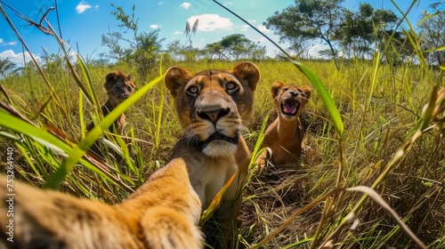 Lioness and lion cubs in the savannah