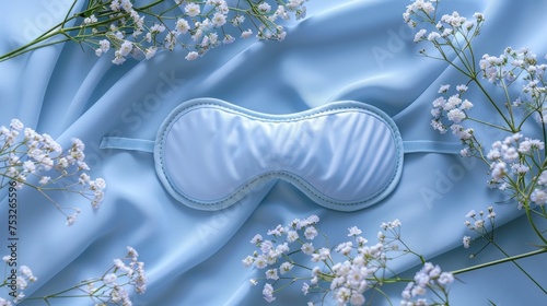 Healthy night sleep, relaxation and comfort concept. Blue Sleep mask and small white flowers for healthy sleep on light bkue textile background. Generative ai photo