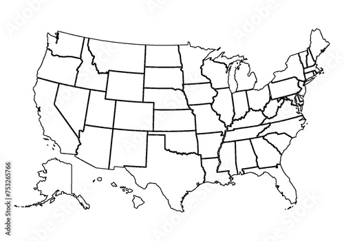 Mapa negro de estados unidos de américa en fondo blanco. 