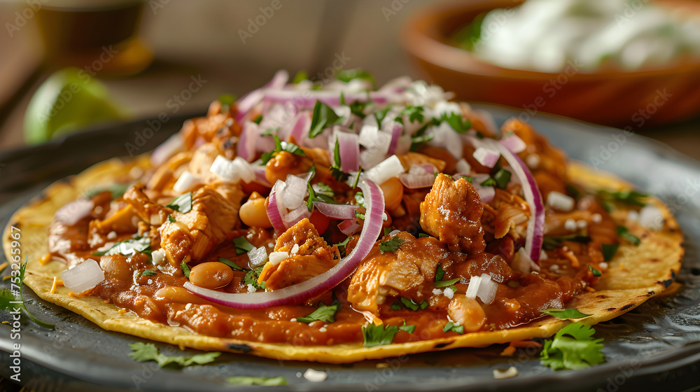 Delectable chicken tostada with fresh toppings Delectable chicken tostada with fresh toppings