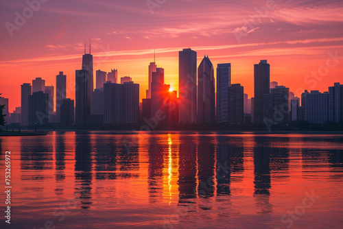 Early morning city skyline, with the sun rising behind tall buildings